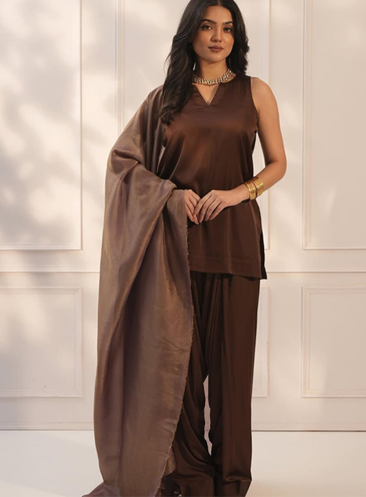 Arzul Lume Cocoa Silk Sleeveless Dhoti Set